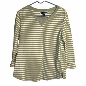 Karen Scott Sport Sage Green & Cream Striped 3/4 Sleeve Top Women’s Medium